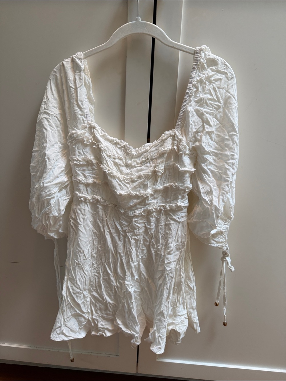 Hello Molly White Ruched Puff-Sleeve Peasant Blouse